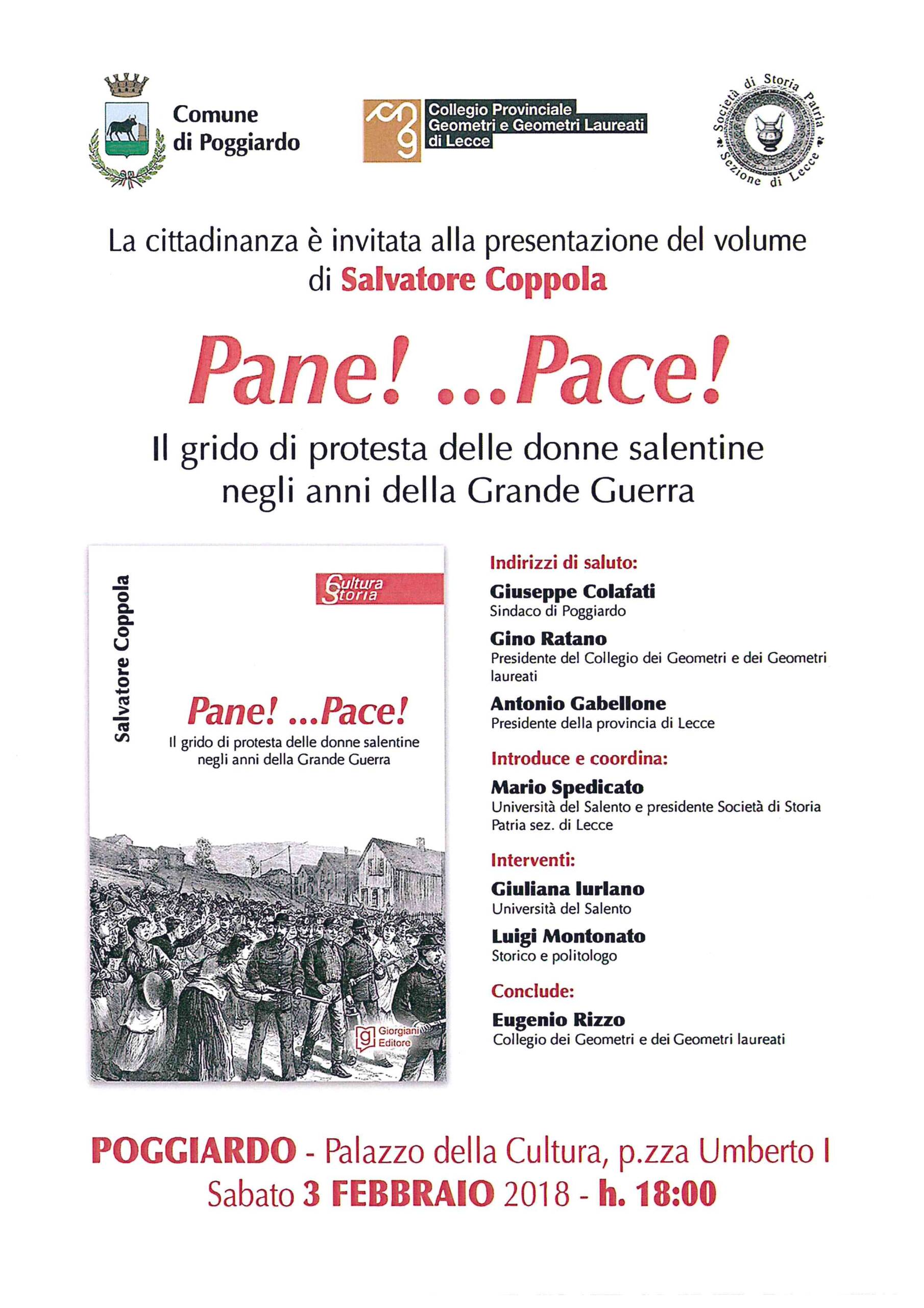 Invito presentazione volume “Pane!…Pace!” – Poggiardo 03/02/2018
