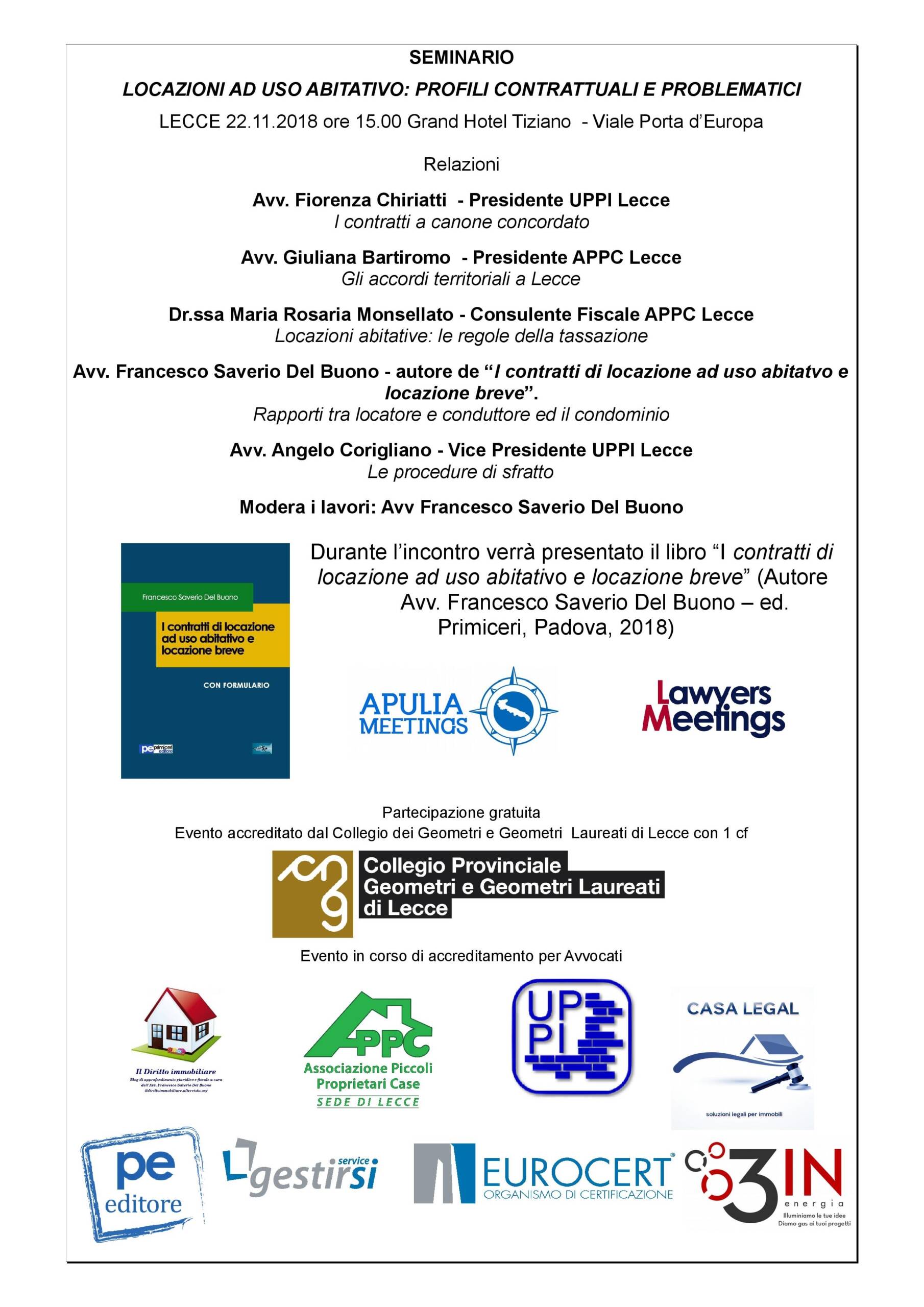 Seminario: LOCAZIONI AD USO ABITATIVO: PROFILI CONTRATTUALI E PROBLEMATICI – Lecce 22/11/2018