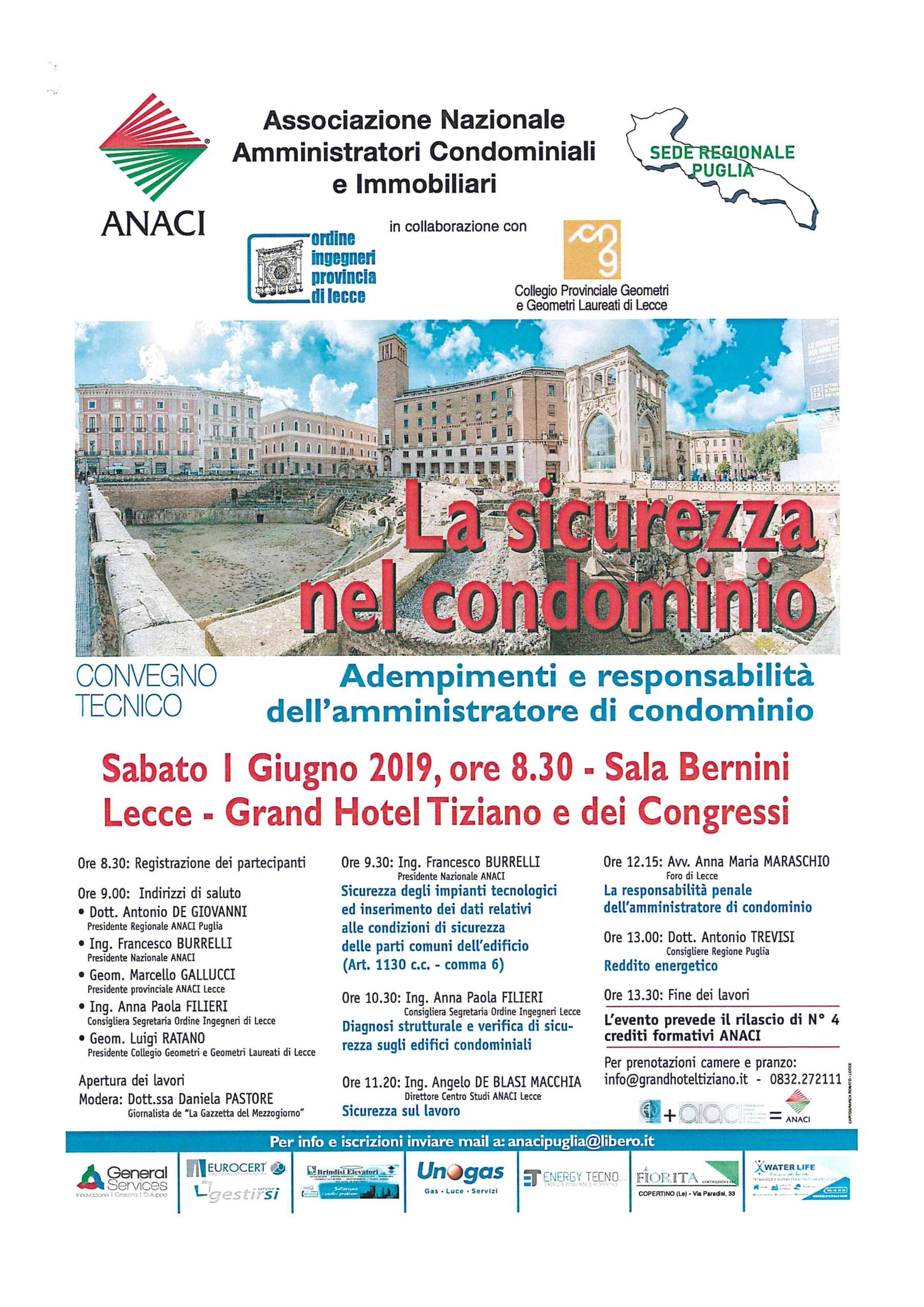 Convegno tecnico ANACI – La Sicurezza nel condominio. Adempimenti e responsabilità dell’amministratore di condominio – Lecce 01/06/2019