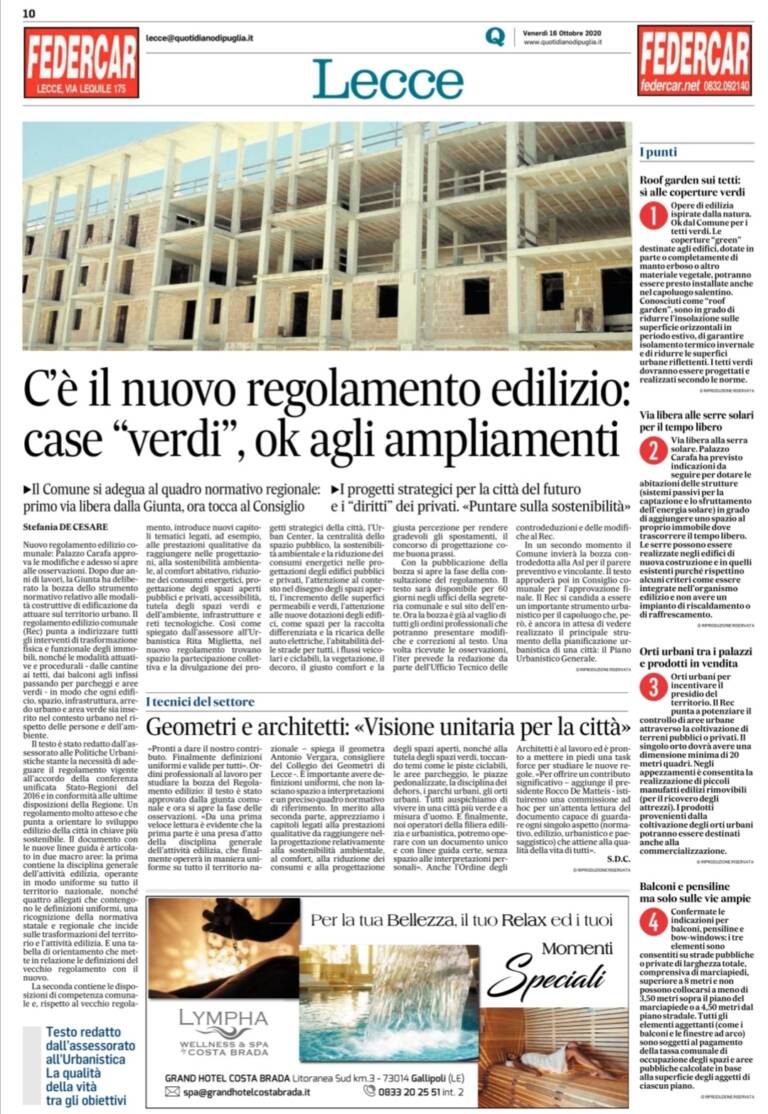 Comunicato Stampa – Lecce, c’è il nuovo regolamento edilizio comunale all’insegna della sostenibilità. Primo via libera dalla Giunta, ora tocca al Consiglio