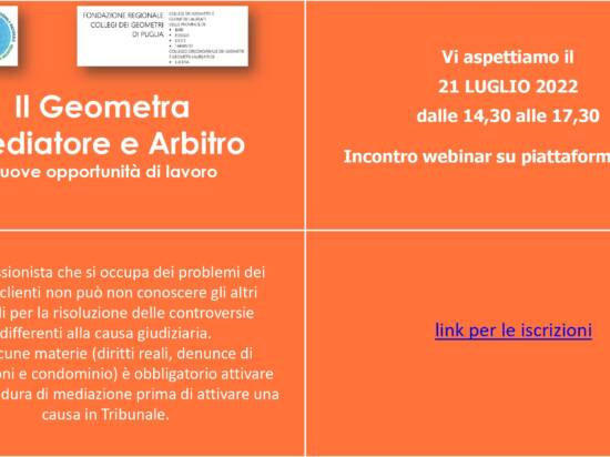 Fondazione Regionale Collegi dei Geometri di Puglia – Webinar GEOCAM “Il Geometra Mediatore e Arbitro – Nuove opportunità di lavoro”  – 21 luglio 2022
