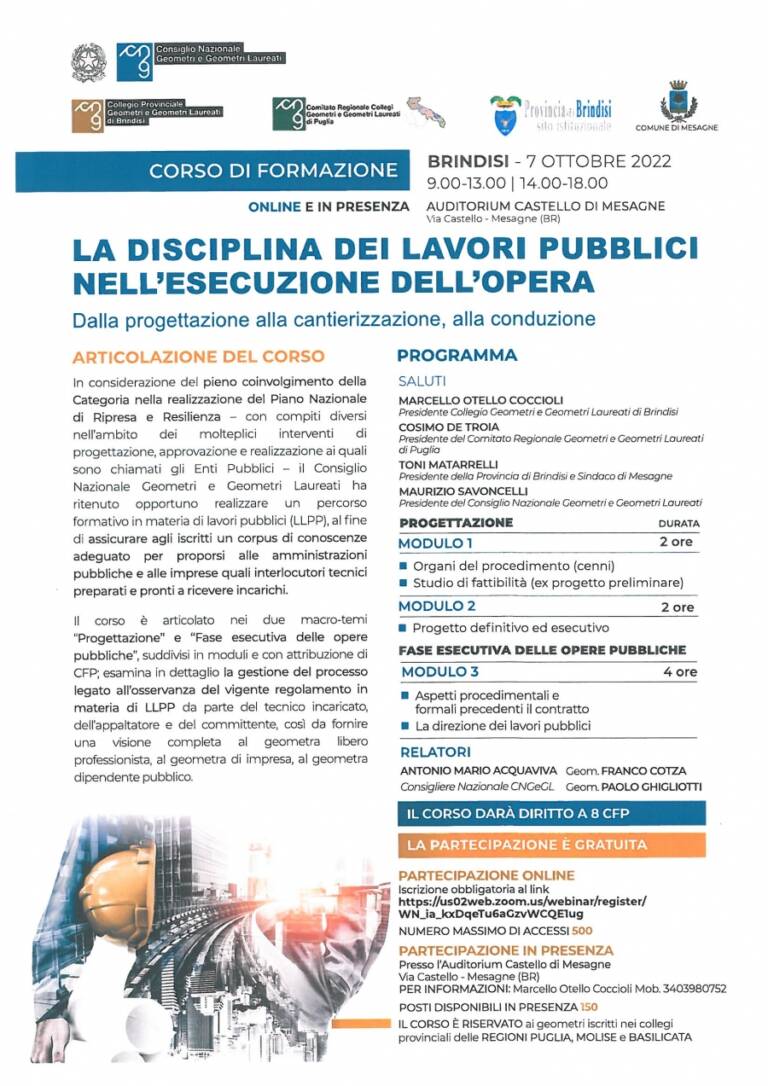 Comitato Regionale Collegi Geometri di Puglia – Corso on-line “La disciplina dei lavori pubblici nell’esecuzione dell’opera” – 7 ottobre 2022