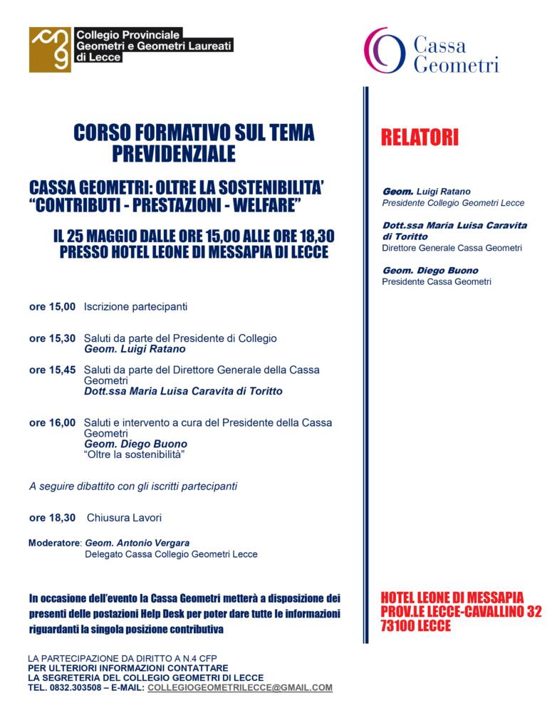 Corso formativo sul tema previdenziale Cassa Geometri: Oltre la sostenibilità “Contributi – Prestazioni – Welfare” – Lecce, 25/05/2023